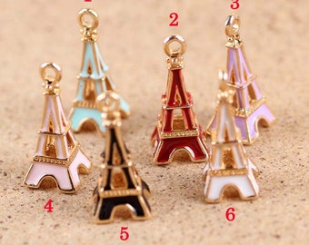 10pcs Eiffel Tower Shaped Enameled color Charms,Color Oil Drop Metal DIY Jewelry Rose Gold Alloy Charm,Bracelet/Keychain findings 10x24mm