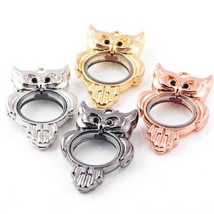 Peut inclure: Quatre breloques en forme de hibou dans différentes finitions métalliques : or, argent, noir et or rose. Chaque breloque présente une fenêtre ronde en verre et des yeux noirs.
