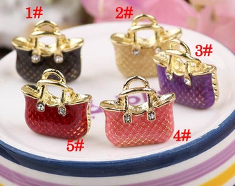 10pcs/lots handbag with diamond Shaped Charm, Enameled Color Oil Drop Metal DIY Jewelry Rose Gold Alloy Bracelet/Keychian/Necklace Charms