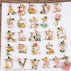26 Carta inicial / alfabeto DIY (A-Z) flor hojas encanto color óleo gota de metal rosa KC oro aleación pulsera / llavero / collar esmalte encanto encanto