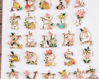 26 Initial Letter / DIY Alphabet (A-Z)  flower Leaves Charm Color Oil Drop Metal Rose KC Gold Alloy Bracelet/Keyring/Necklace Enamel Charm