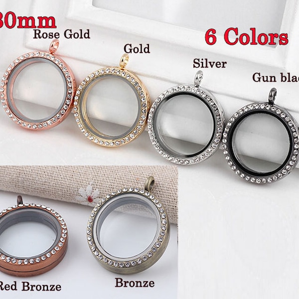 30mm Round Floating Glass Locket ,Floating Locket Pendant With Rhinestones Crystals,Magnet Closure Silver Locket ,Memory locket, 6 Colors