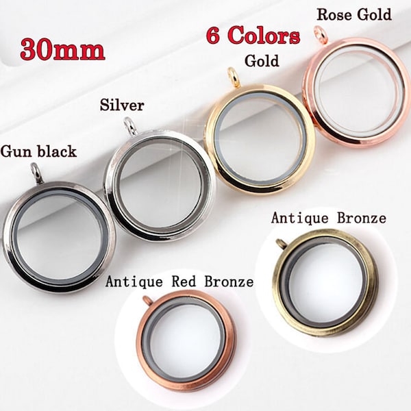 30mm Round Floating Glass Locket ,Magnet Closure Locket , Floating Locket Necklace Pendant ,Shadow Box Locket , Silver/Red Bronze 6 colors