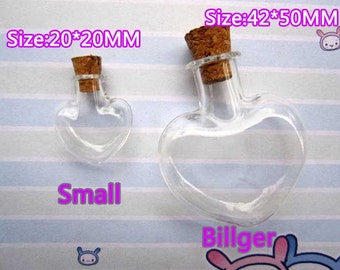 5PCS 20x20mm/42x50mm two size Heart Shaped glass bottles with cork Metal Eyehoop,Mini Glass vials,Aromatherapy Pendant,Wishing Bottles