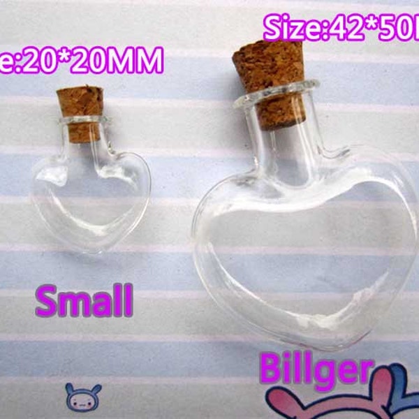 5PCS 20x20mm/42x50mm two size Heart Shaped glass bottles with cork Metal Eyehoop,Mini Glass vials,Aromatherapy Pendant,Wishing Bottles