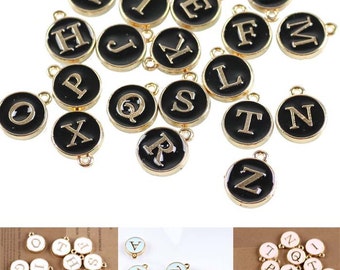 26 DIY Alphabet / Letter Round double face Shaped Charm 12*15mm (A-Z)  ,Color Oil Drop Metal Rose Gold Alloy Charm,Enamel  DIY jewelry charm