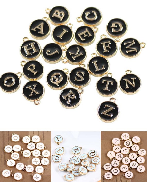 26 DIY Alphabet / Letter Round double face Shaped Charm 12*15mm (A-Z)  ,Color Oil Drop Metal Rose Gold Alloy Charm,Enamel  DIY jewelry charm