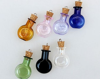 5PCS 19x25MM Oblate Ball Shape,2ML, 7Colors(Clear/Pink/Purple/Blue/Green/Yellow/Black)Glass Bottle with cork Metal Eyehoop,DIY Wish Bottle