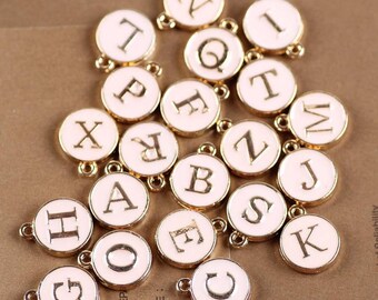 26 (A-Z) DIY Alphabet / Letter Round double face Shaped Charm 12*15mm  ,Color Oil Drop Metal Rose Gold Alloy Charm,Enamel  DIY jewelry charm