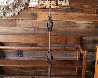 Early 20th Century Spanish Revival Hand-Wrought Iron Floor Lamp With Mica Shade & Copper Cross Motif