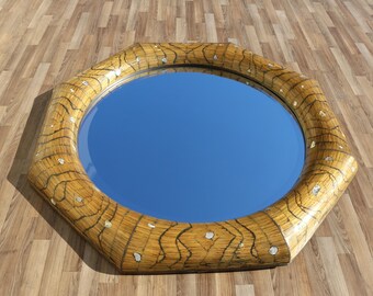 Vintage 1970s Hollywood Regency Octagonal Bamboo & Mother-of-Pearl Wall Mirror
