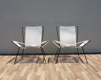 Vintage Pair of Iron and Rope Lounge Chairs | Mid Century Modern Sculptural Accent Chairs