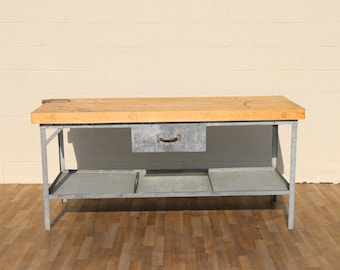 1950 Industrial Butcher Block Workstation Table With Steel Frame, Drawer and Removable Galvanized Trays / Modern, Rustic, Kitchen Work Table