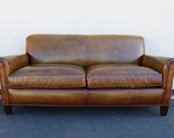 Vintage 1990s Hancock & Moore Brown Leather Sofa – Classic Rolled Arm, Nailhead Trim