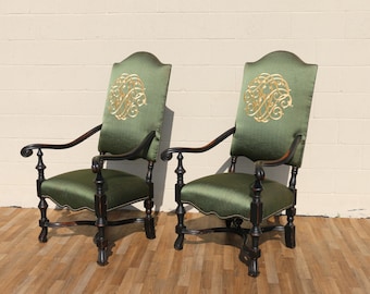 Pair of Antique High Back Throne Armchairs | Green Upholstery & Gold Monogram | Early 20th Century