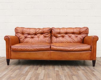 Vintage 1970s Honey Tan Leather Sofa | Tufted Feather Cushion Sofa, American Mid-Century Lounge Seating | Comfortable Distressed Sofa