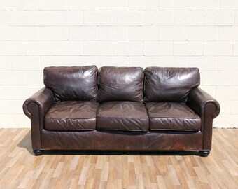 Restoration Hardware Brown Leather Three-Seat Sofa | Vintage Modern Down-Filled Cushions