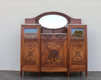 Antique French Art Deco Buffet Sideboard With Beveled Mirror & Marble Top | Burl Wood Credenza | Early 20th Century