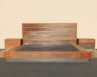 Vintage Rustic Modern King Size Platform Bed Frame With Headboard & Matching Nightstands | Solid Wood and Chrome Bedroom Set