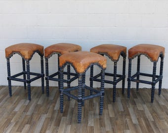 Set of 5 Vintage Leather Bar Stools With Spindle Legs & Nailhead Trim | Spanish Revival / Mediterranean Style