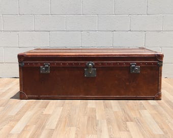 Restoration Hardware Vintage Leather Trunk Coffee Table | Campaign Style Storage Chest Cocktail Table