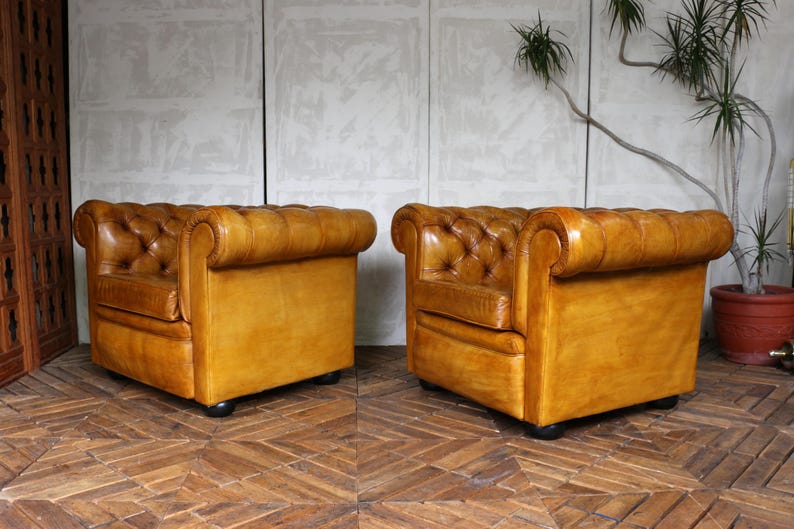 Vintage Pair of Brown Honey Leather Chesterfield Club Chairs — England ...