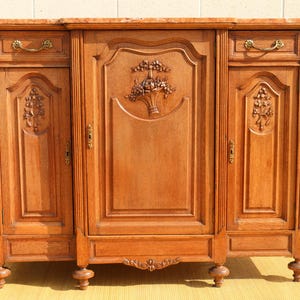 Antique French Provincial Louis XV Carved Oak Marble Top Sideboard