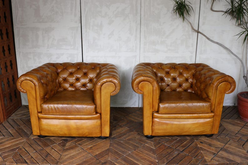 Vintage Pair of Brown Honey Leather Chesterfield Club Chairs — England ...