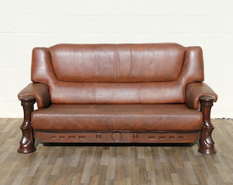 Vintage 1970 Brown Leather Sofa With Sculptural Wood Frame, Attached Cushions & Postmodern Modernist Design/High Quality Brown Thick Leather