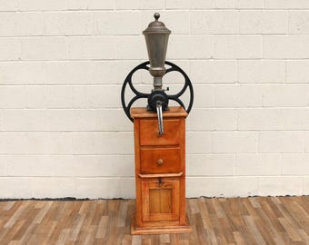 Antique Tall Standing Coffee Grinder | Cast Iron Wheel & Solid Pine Cabinet | Industrial Country Store Mill c.Early 20th Century, Cafe Decor