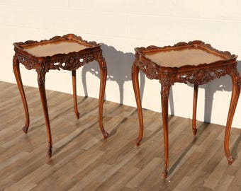 Pair of Louis XV Style Marquetry Side Tables/End Tables | French Rococo Revival Carved Wood