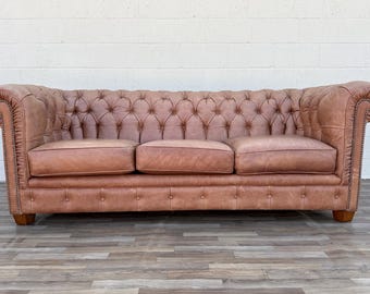 Vintage Distressed Leather Chesterfield Sofa | Made in Canada | Camel Brown | Circa 1990s