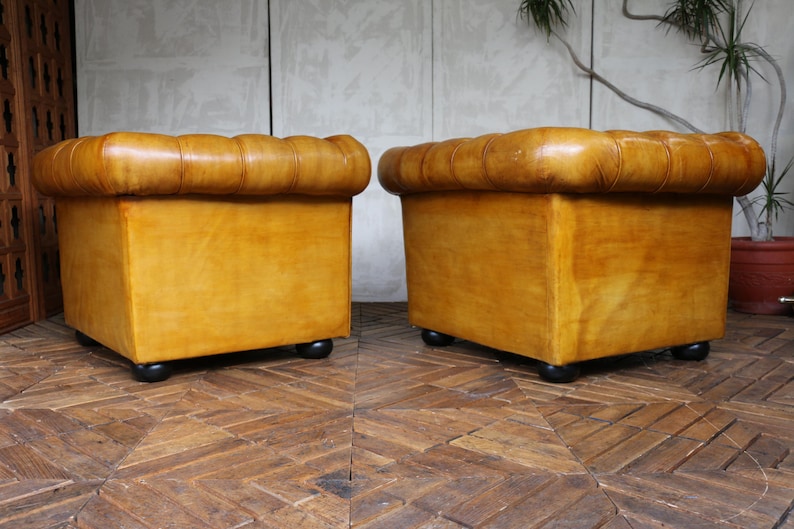 Vintage Pair of Brown Honey Leather Chesterfield Club Chairs — England ...