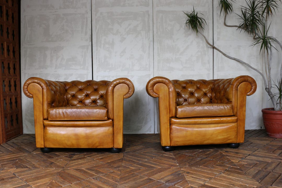 Vintage Pair of Brown Honey Leather Chesterfield Club Chairs | English ...