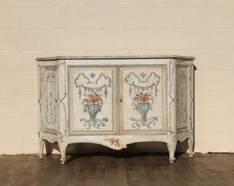 Vintage Hand-Painted Faux Marble Sideboard Buffet Cabinet | Italian Provincial Style | C. 1940s