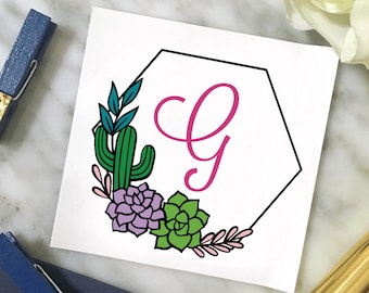 Cactus Initial Decal, Succulent Decal, Cactus Frame Decal, Personalized Cactus Decal