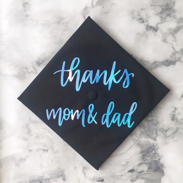 Thanks Mom and Dad Grad Cap Decal, Grad Cap Decal, Graduation Cap Calligraphy Decal, Grad Cap Calligraphy Decal