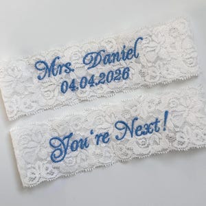 Personalized Lace Wedding Garter Set: Embroidered Mrs Last Name & Date, Custom Size for Petite and Plus
