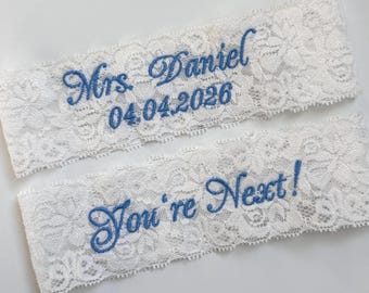 Personalized Lace Wedding Garter Set: Embroidered Mrs Last Name & Date, Custom Size for Petite and Plus