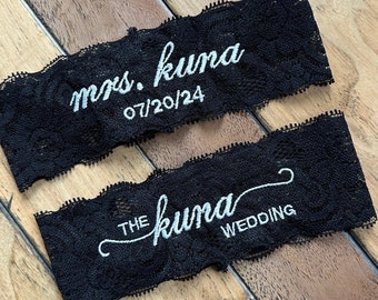 Black Lace Bridal Wedding Garters, Custom Mrs Garter for Bride, Personalized Garters with Name or Monogram, Inclusive sizes - Petite to Plus