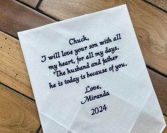 Custom Father of the Groom Gift from the Bride, Embroidered Pocket Square, Personalized Wedding Handkerchief, Father in Law Accessories