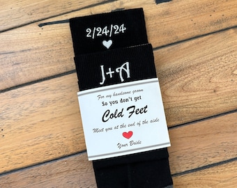 Groom Wedding Socks Personalized with Bride and Groom Intials, black Socks So You Don't Get Cold Feet Label, Groom Gift