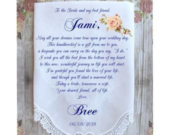 Custom Gift for the Bride from her Best Friend, Personalized Handkerchief for the Bride, Something blue for the bride