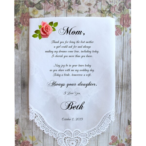 Mother of the Bride Wedding Handkerchief: Gift for Mom with Custom Message from her Daughter