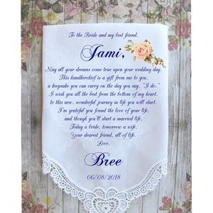 Custom Gift for the Bride from her Best Friend, Personalized Handkerchief for the Bride, Something blue for the bride image 1