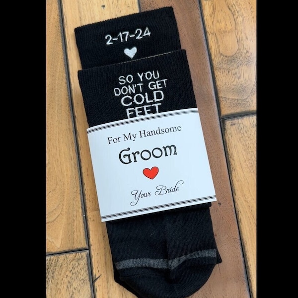 Don't Get Cold Feet Custom Embroidered Wedding Socks for the Groom, Personalized with your wedding date