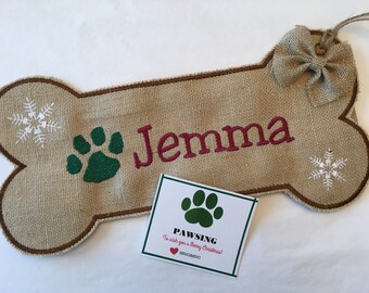 Dog Bone Christmas Stocking in Burlap: Personalized with Embroidery