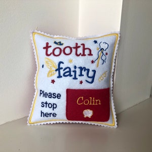 Personalized Tooth fairy pillow boy with tooth chart, custom tooth holder with pocket, stocking stuffer and birthday gift for kids Red pocket