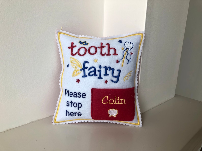 Personalized Tooth fairy pillow boy with tooth chart, custom tooth holder with pocket, stocking stuffer and birthday gift for kids Red pocket