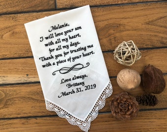 Mother of the Groom Embroidered Handkerchief with Loving Message from the Bride, Personalized Wedding Hanky, mother in law wedding gift